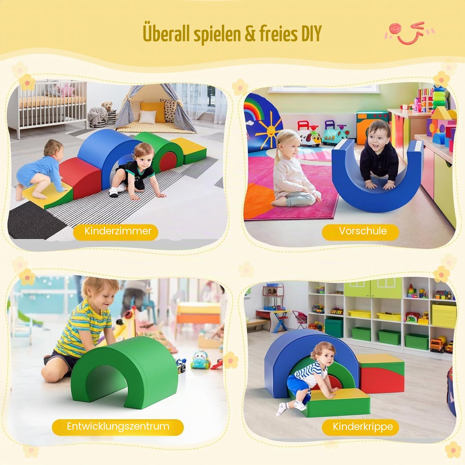 5-teiliges Weiches Baby Kletter-Set mit Krabbeltunnel & Rutsche, Motorikspielzeug ab 1 Jahr, Bunte Schaumstoff-Bausteine für Kinder, Sicher & Leicht, Fördert Kreativität & Bewegung