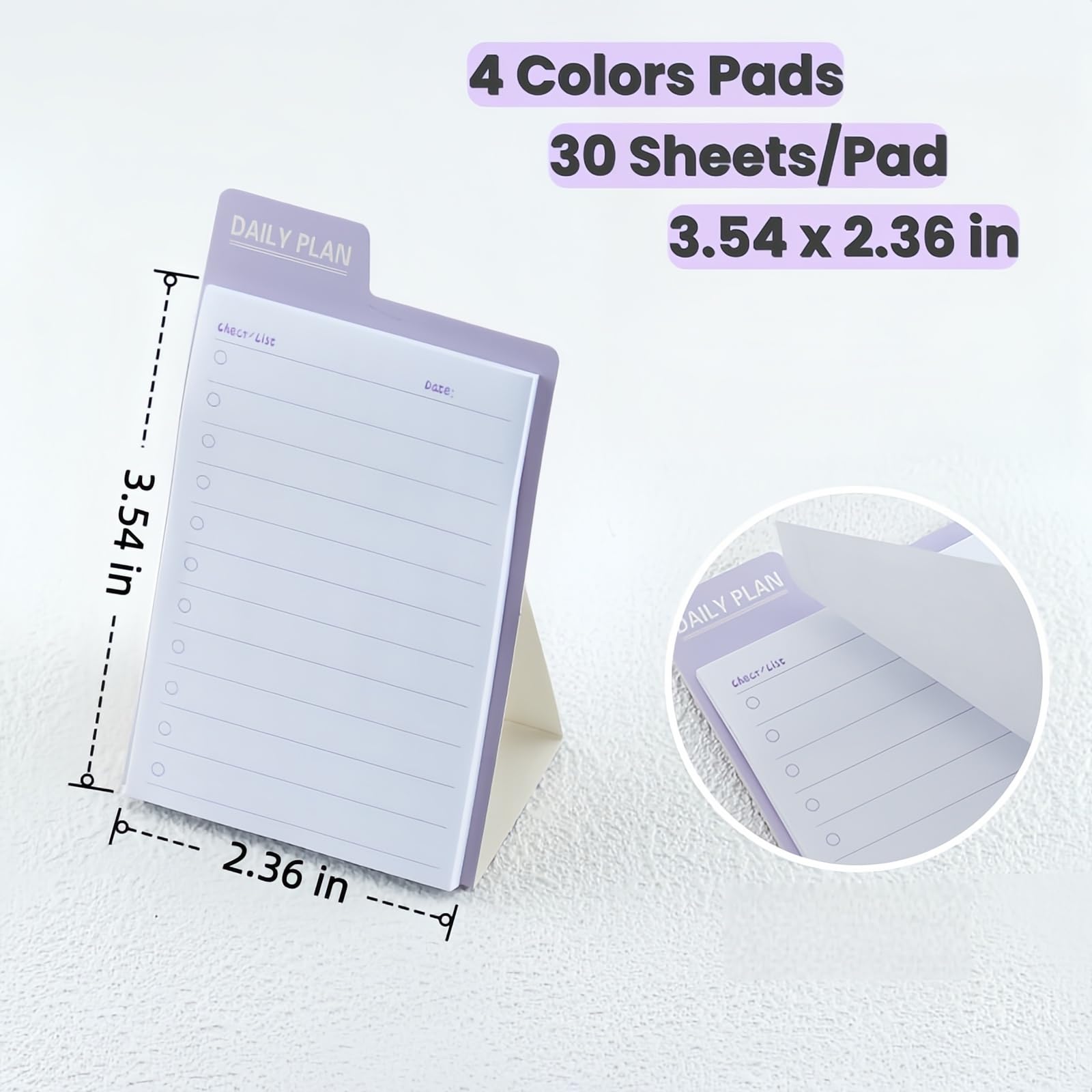 Lot de 4 carnets de notes autocollantes pour liste de choses à faire debout pour un emploi du temps quotidien, 30 feuilles par bloc, 9 x 6 cm mini blocs de planification en bleu, rose, vert