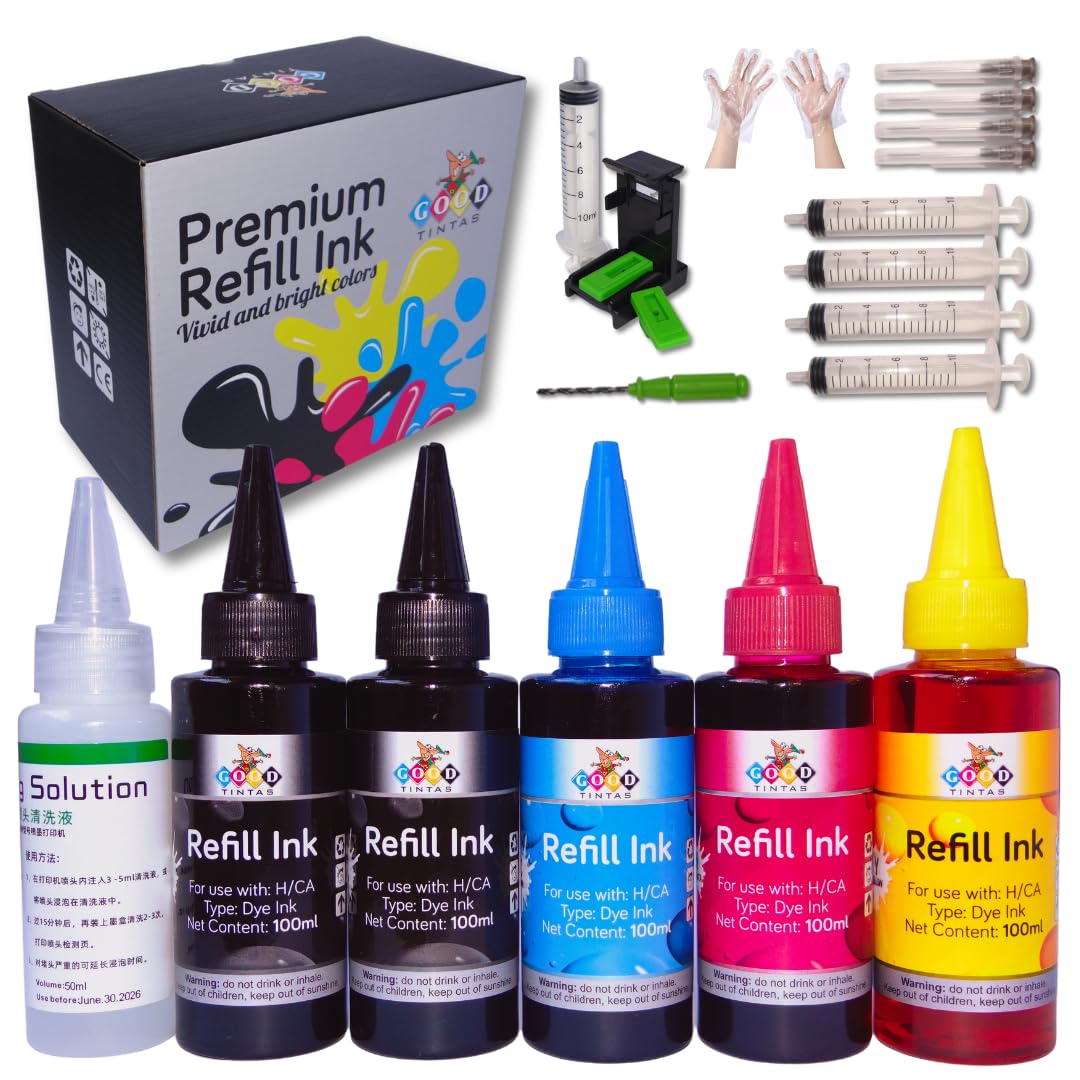 Kit de recharge d'encre compatible pour cartouches d'encre HP 307XL 305XL 304XL 303XL 302XL 301XL 300 301 302 303 304 305 21 22 62 Comprend 500 ml Encres+ Accessoires+ 50 ml Nettoyer les