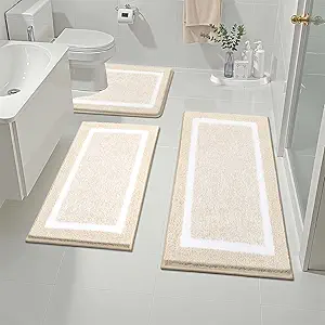 Pauwer Bathroom Rugs Sets 3 Piece Bathroom Shower Rugs with U-Shaped Contour Toilet Mat Absorbent Microfiber Plush Bath Mats Non Slip Bath Rugs Machine Washable Shaggy Bath Floor Mats, Light Beige