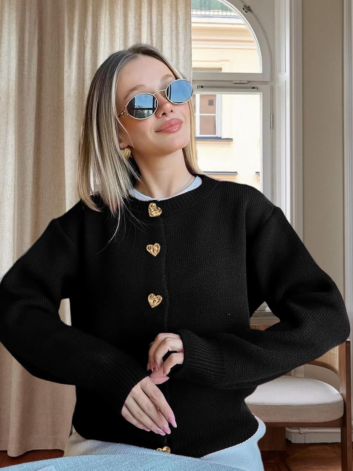 Women’s Knit Cardigan Sweater with Heart Buttons, Casual Button Down Knitwear Long Sleeve Cropped Cardigan for Fall Winter - Image 2