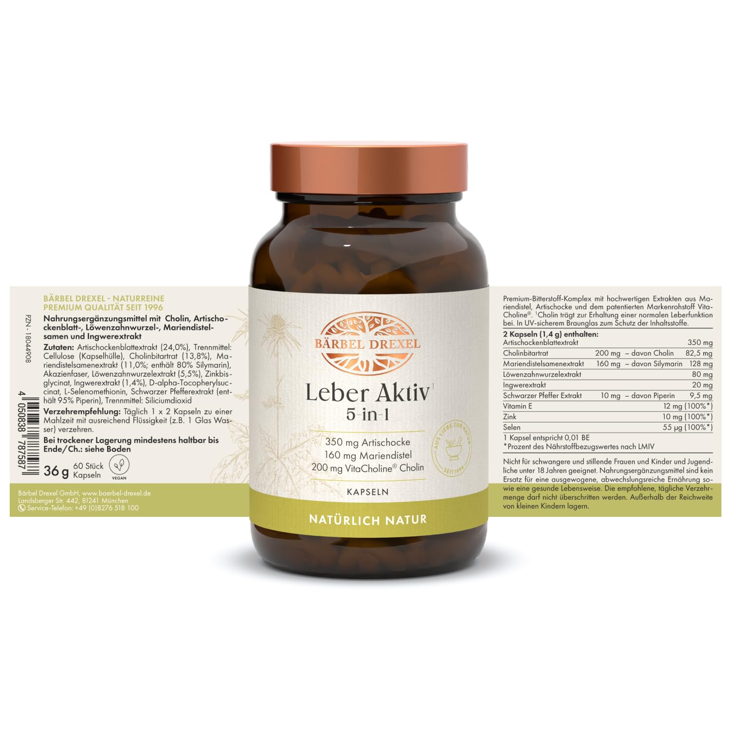 BÄRBEL DREXEL Leber Aktiv 5-in-1 Kapseln mit Cholin, Mariendistel, Löwenzahn, Artischocke, Piperin, Zink, Vitamin E, Selen (60 Stk) Leber Kapseln Naturheilkunde Bitterstoffe