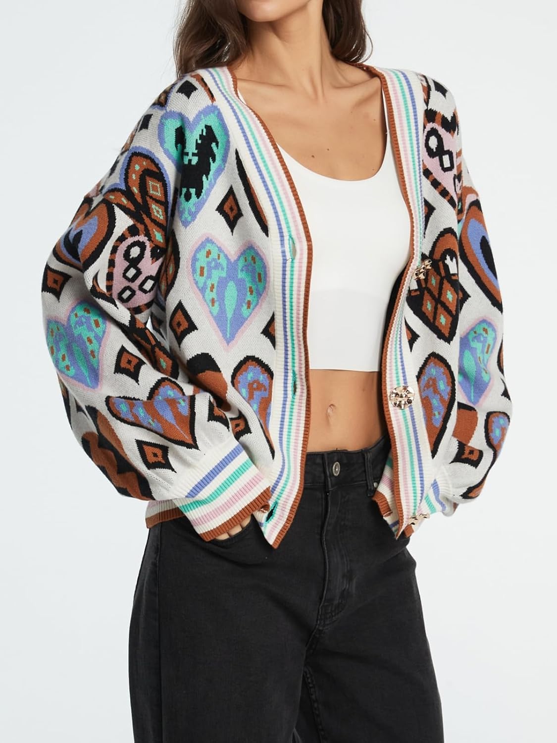 Women's Cute Sweater Cardigan Heart Print Cropped Button Open Front Cardigans V Neck Knitted Y2K Outerwear - Image 4