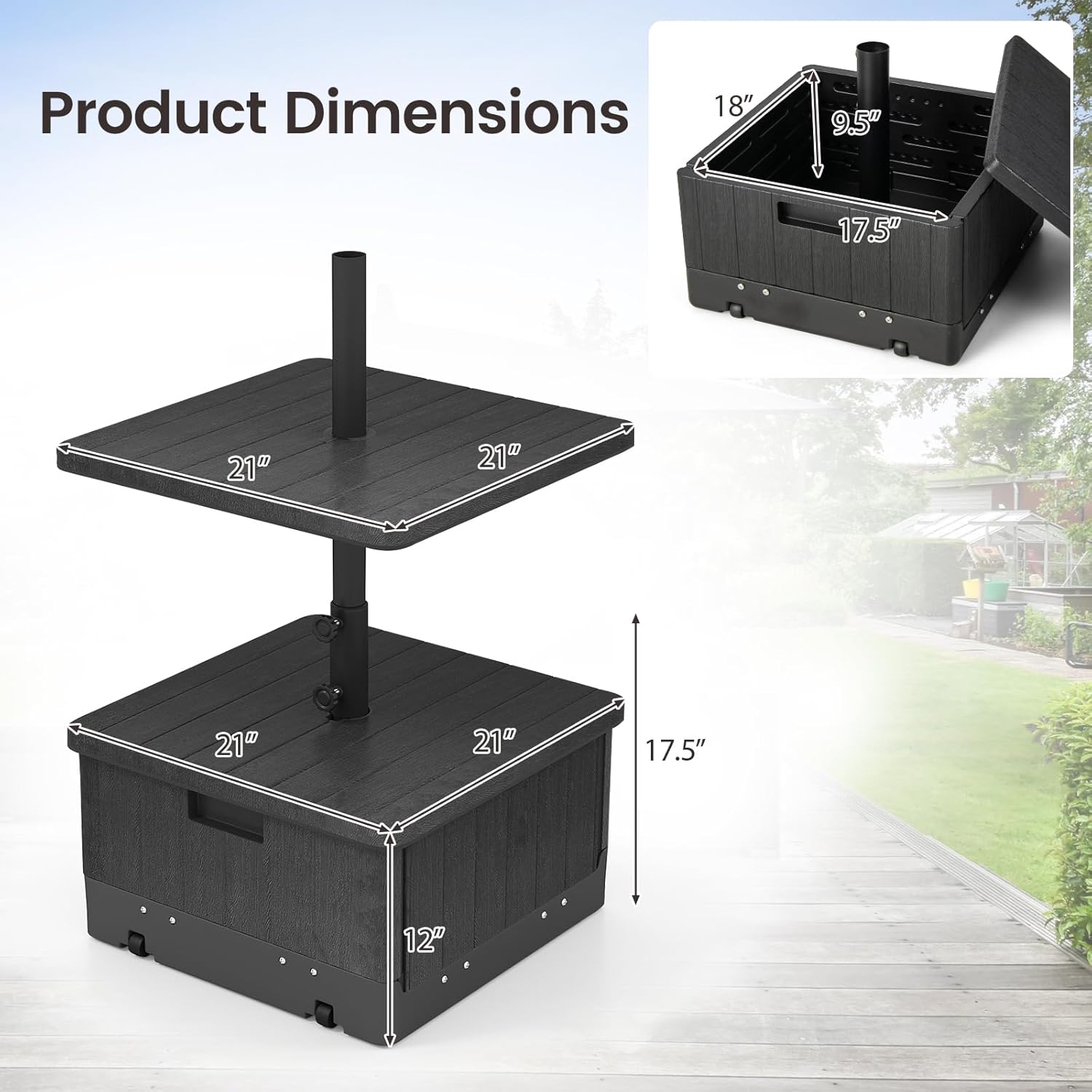 Tangkula 3-in-1 Patio Umbrella Base, 175 LBS Moveable Umbrella Stand w/Table Tray & Weighted Bag, Side Handles, HDPE Frame, 2 Pole Adapters, Garden Coffee Table Planter Box (Black)