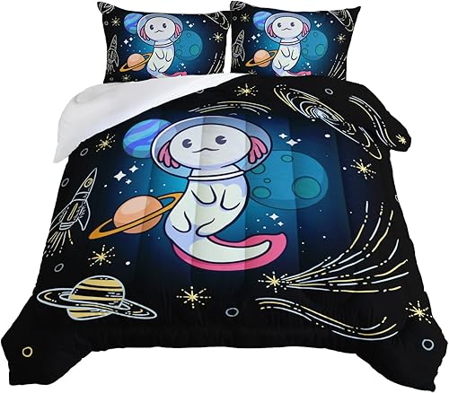 HOSIMA - Juego de ropa de cama con diseño de ajolote para la decoración del dormitorio de niños, patrón de ajolote de dibujos animados del espacio,