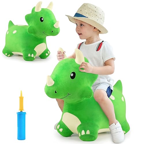iPlay, iLearn Bouncy Pals Dinosaur Hopper Toy 2 Year Old Boy, Toddler Plush Bounce Animals, Ride on Bouncing Triceratops for Kids, Outdoor Hopping Horse Bouncer, Cool Birthday Gifts 3 4 5 6 Yr Girls - Dinosaur Hopper