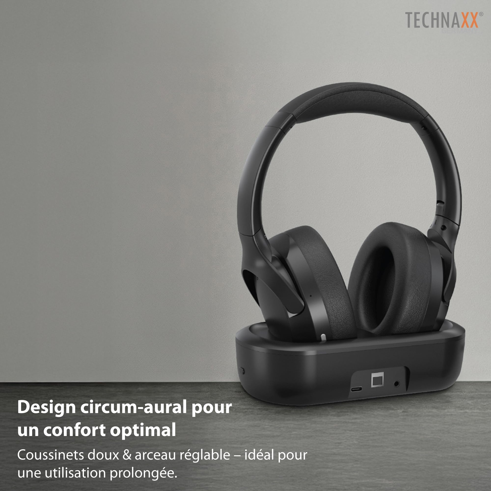 Technaxx Casque TV sans Fil avec Station de Charge – Casque Bluetooth 5.4 Over-Ear avec Microphone, 30h autonomie, USB-C, entrée Optique & AUX – Idéal pour téléviseur, Seniors & Musique - TX-350