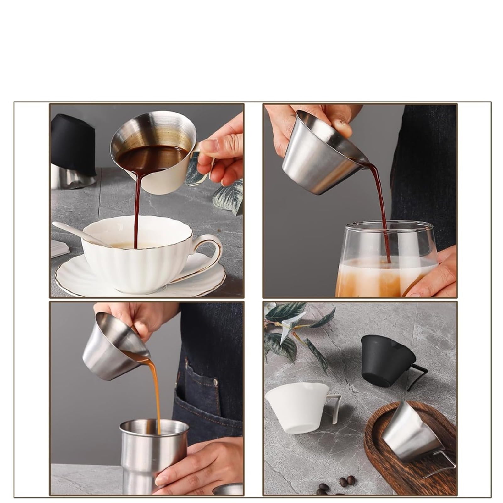 Jarra De Leche Taza medidora de acero inoxidable, taza de café expreso con mango y boquilla, taza de café graduada, Ideal for bebidas en casa, café, uso en Hotel, 2 uds. Jarra Leche Barista(Black)