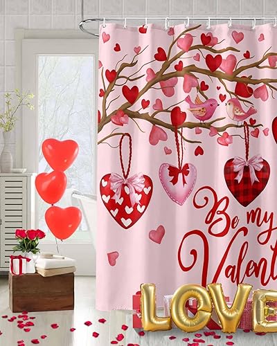 Miniatura 3 de Vandarllin Cortina de ducha rosa para el día de San Valentín, juego de cortinas de ducha de árbol de amor rojo con ganchos, cortinas de baño de tela