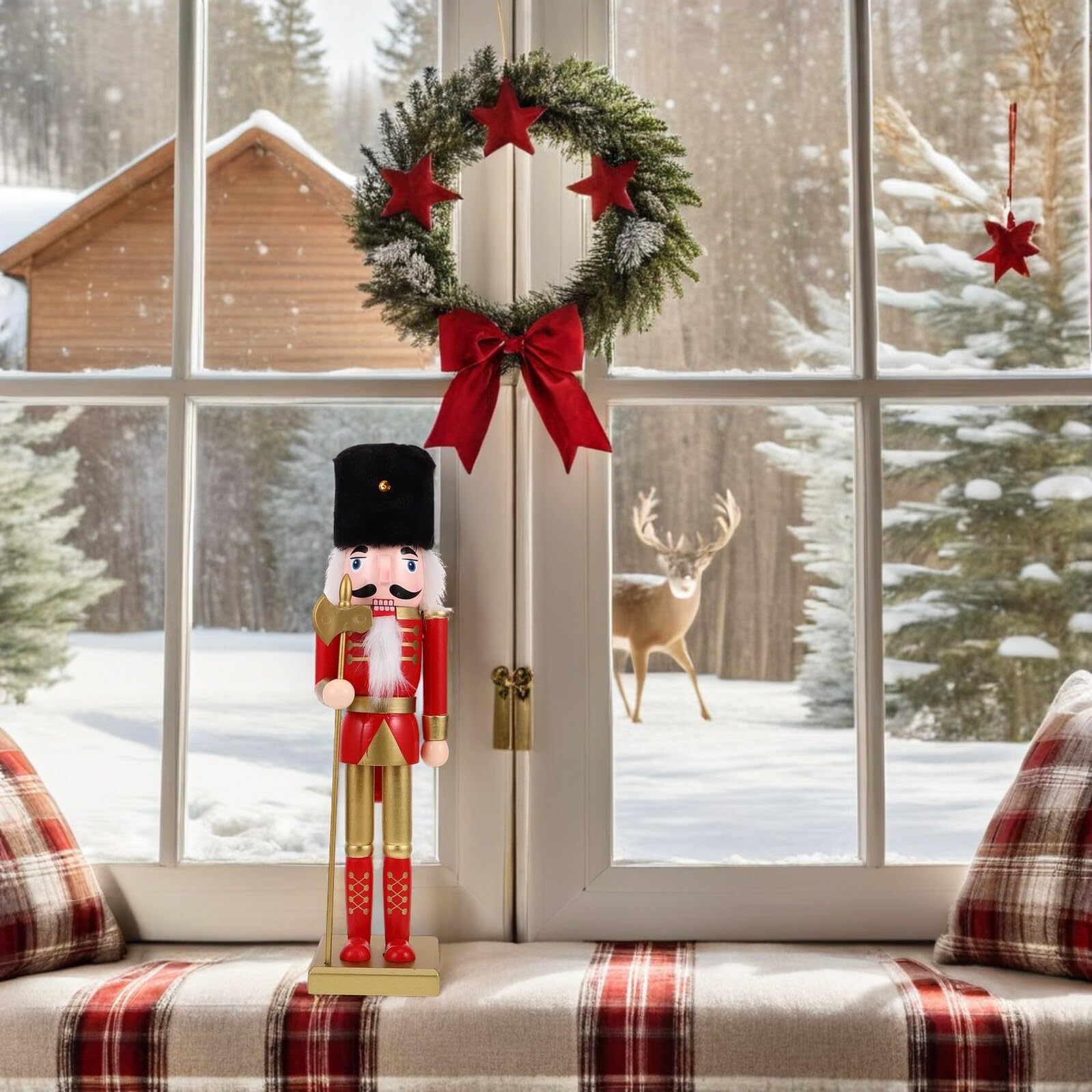 Weihnachtssoldat Nussknackerfigur 38cm mit Quadratischem Sockel Handgefertigte Traditionelle Weihnachtsdekoration für Tisch und Kaminsims