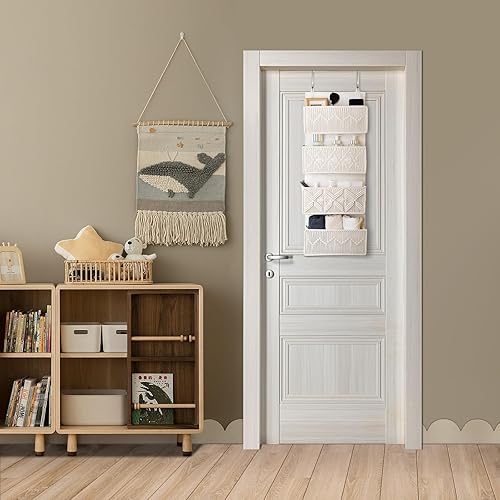Miniatura 7 de Organizador de macramé para colgar sobre la puerta, con 4 bolsillos grandes tejidos, cesta colgante para baño, cuarto de bebé y puertas de armario,
