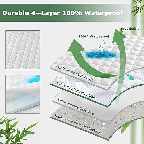 Miniatura 4 de GRT Paquete de 2 protectores de colchón de bambú impermeables para cuna, fundas de colchón acolchadas refrescantes, bolsillos profundos de 4 a 9