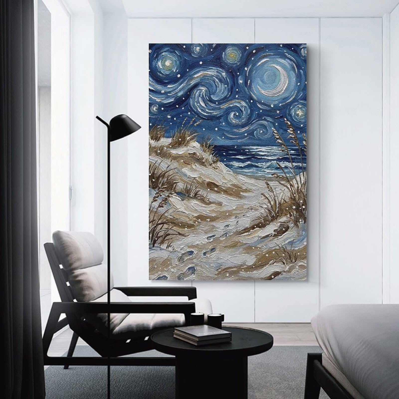 Junmoney Canvas Wall Picture Starry Night Beach Painting, 24x36inch(60x90cm), for Office, Study Or Home Workspace, Canvas Wall Decor for Creative Rooms