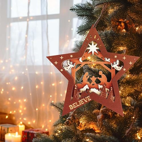 Miniatura 2 de Adornos de Navidad, belén, adornos colgantes de madera en forma de estrella para decoración del árbol de Navidad, celebra el nacimiento de Jesús,
