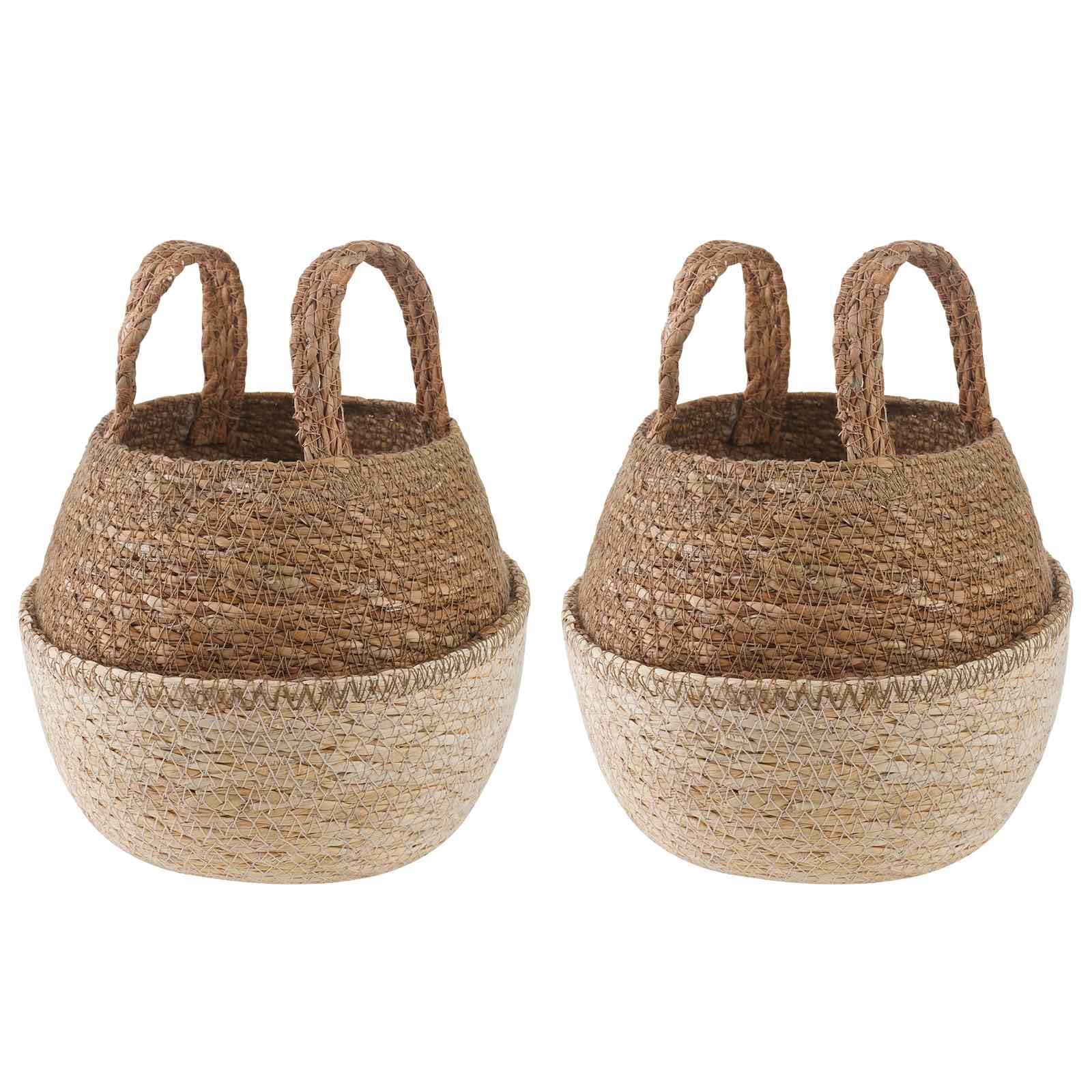 Macetero de algas marinas con asas, 2 unidades, diámetro de 22 x 20 cm, color blanco, trenzado de material natural para plantas de interior, salón, terraza, jardín decoración
