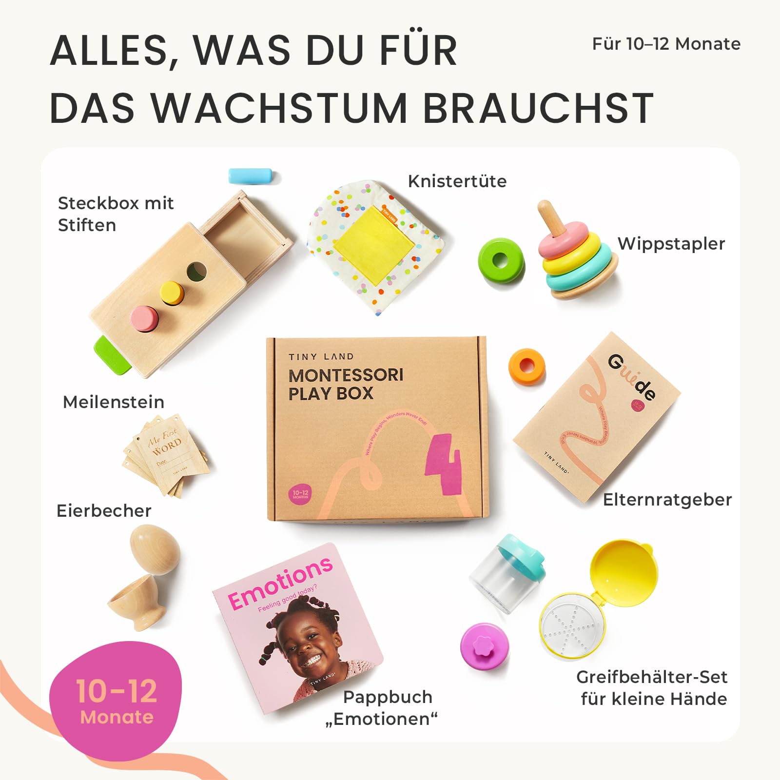 Tiny Land Montessori Holzspielzeug für Babys 10-12 Monaten mit Stapelspiel