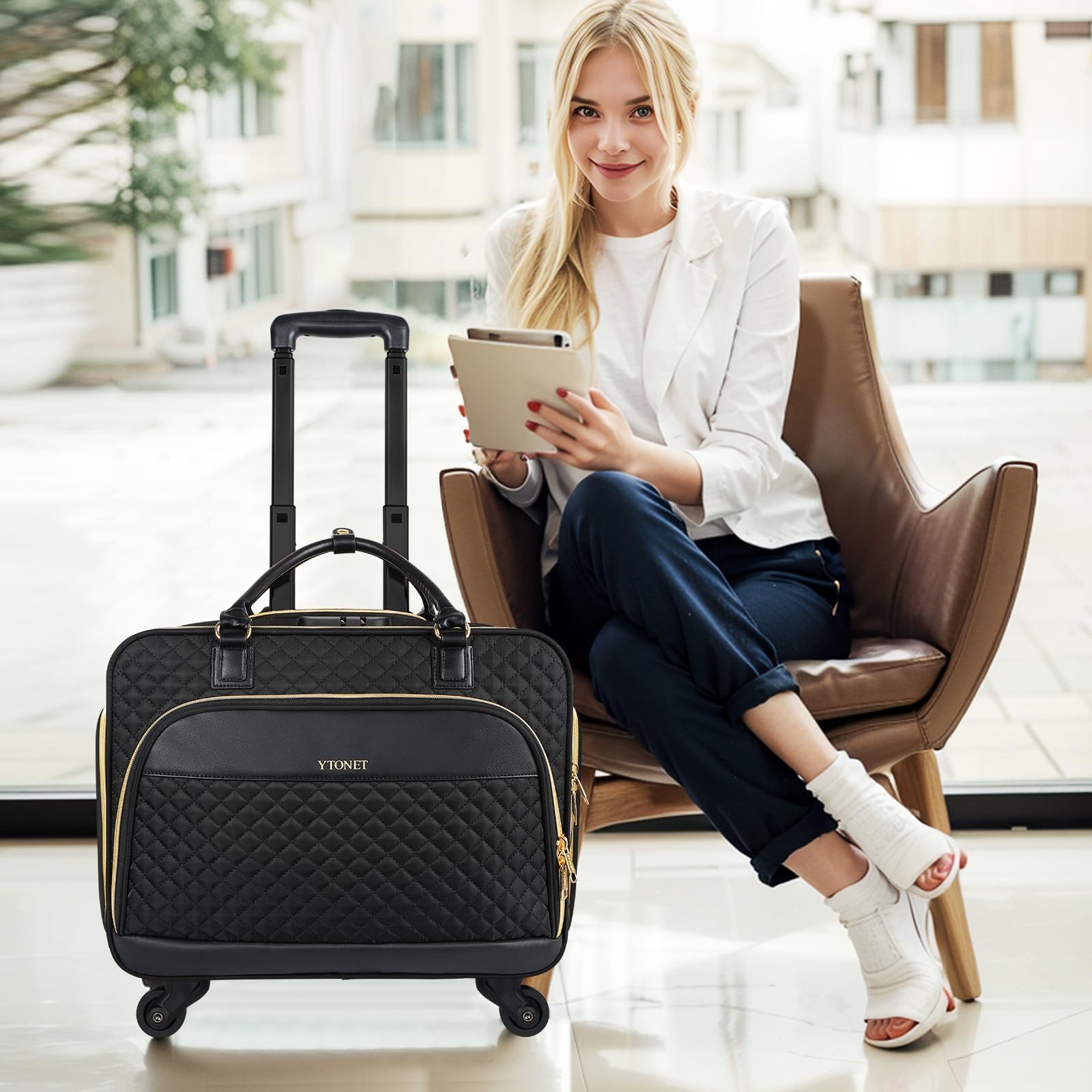 Ytonet Business Trolley Damen mit 4 Spinner-Räderm, Laptop Trolley 17.3 Zoll für Damen, Aktenkoffer mit Rollen mit Organizer-Tasche Zahlenschloss Pilotenkoffer mit Rollen für Reisen Arbeit, Schwarz