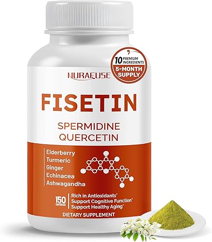 Fisetin Fórmula 10 en 1 - con resveratrol de quercetina de espermidina, saúco, cúrcuma sin OMG, sin gluten, sin soja