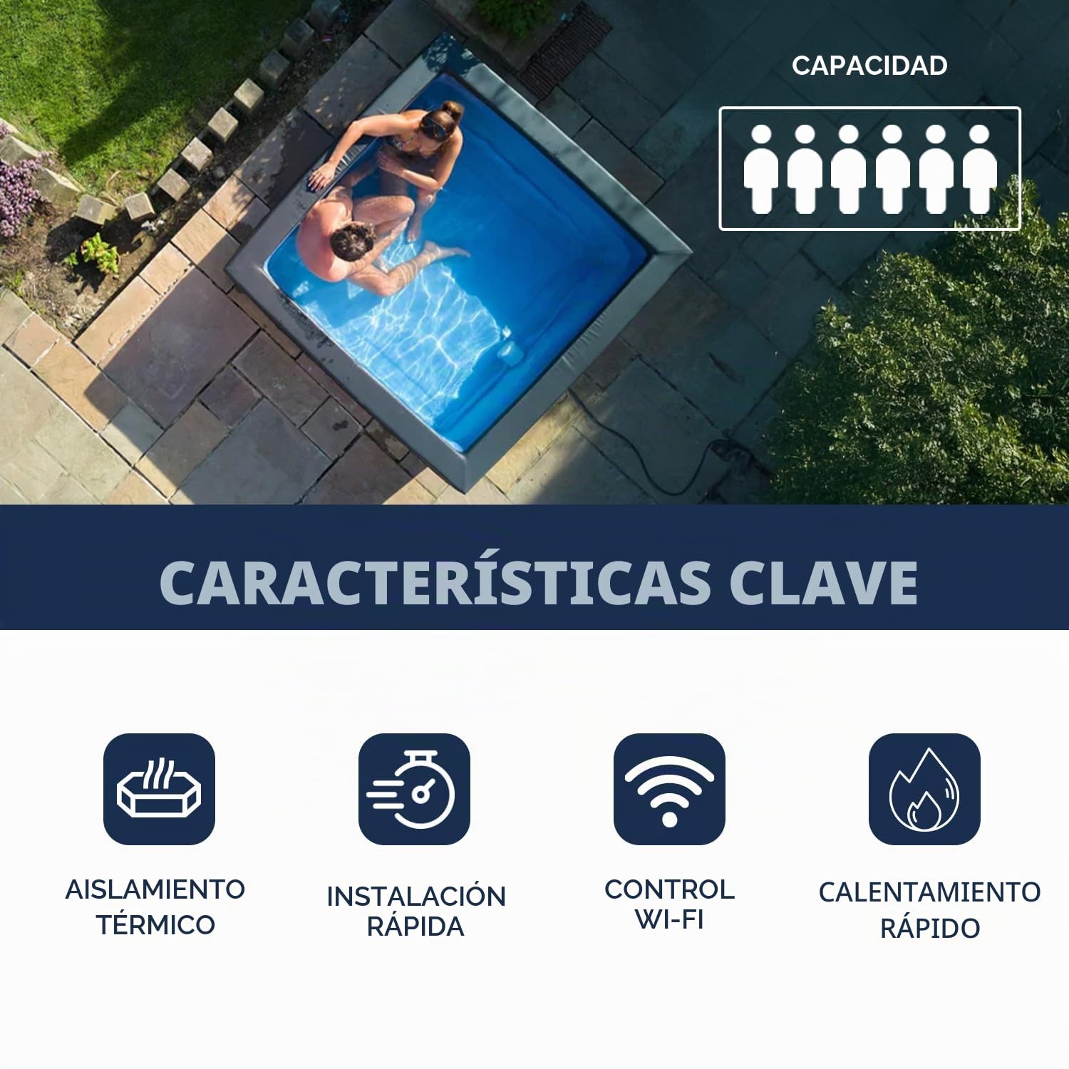 N NETSPA – SPA – Celestia – Semirígido Cuadrado 6 plazas – SP-CLS6-CB – Construcción portátil de Espuma, calefacción integrada y Cobertura ecológica – Volumen 1100 – Ø180 x 70 cm – Negro