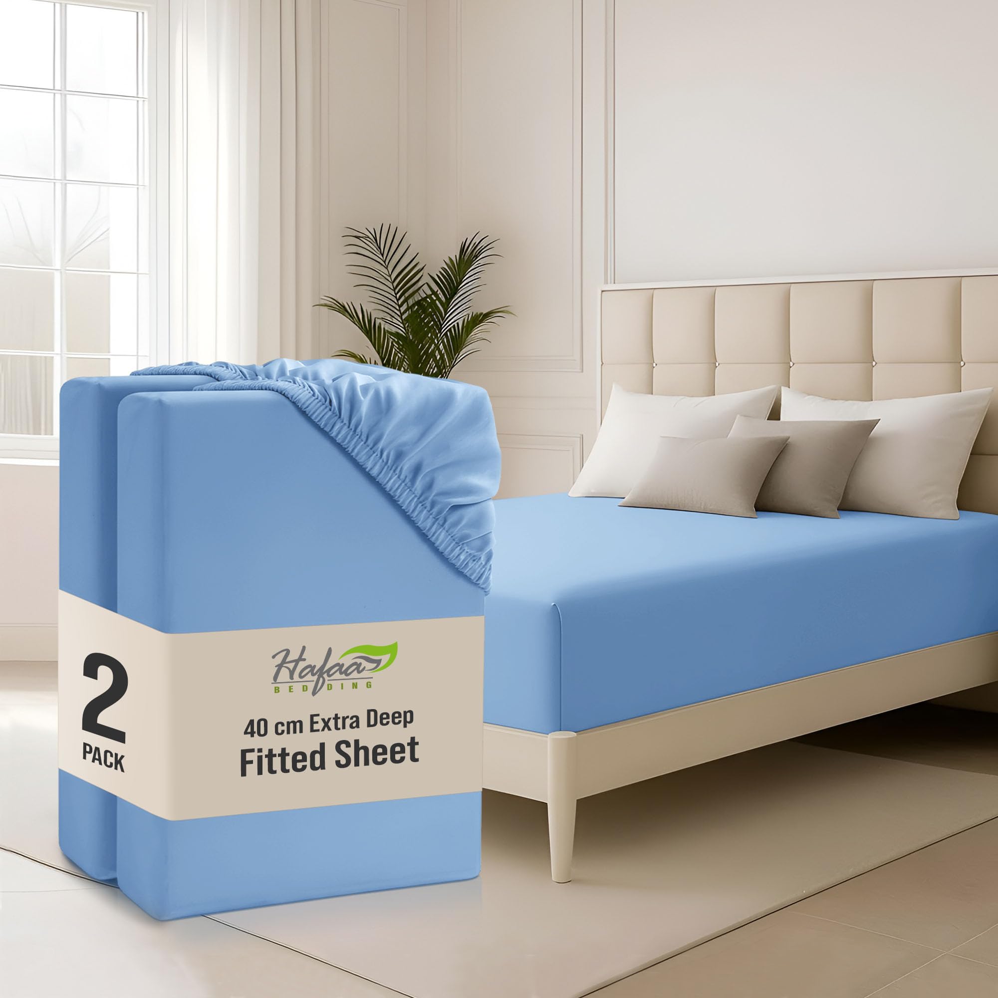 Hafaa Double Fitted Sheet 2 Pack 40Cm Deep Pocket 16 Inch Sky Blue Bed Sheets Hotel Quality Soft Brushed Microfiber Fabric Breathable Shrinkage Fade Resistant Bedsheet โ image 1