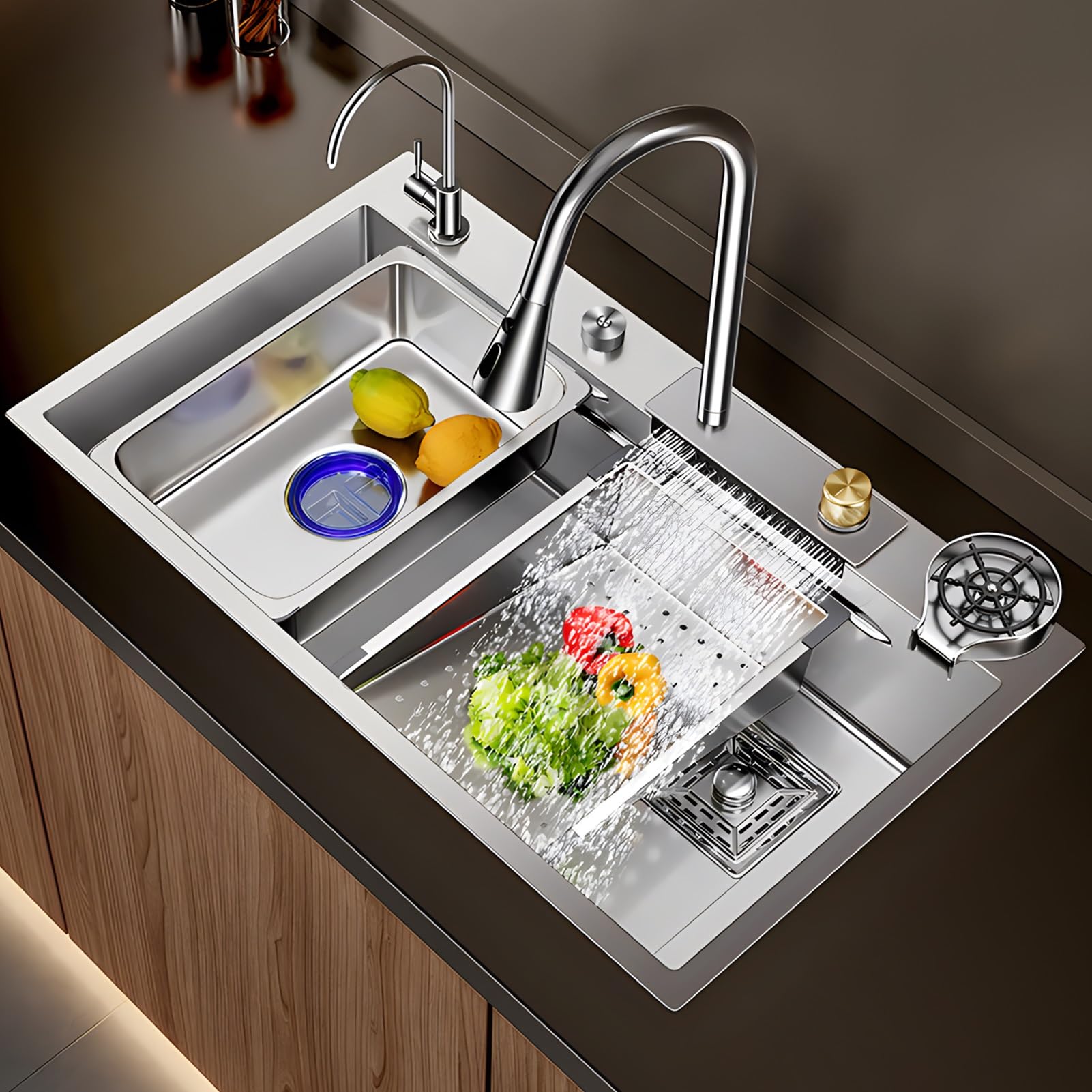 Évier de cuisine avec robinet extractible réglable et rinceur de verre haute pression intégré