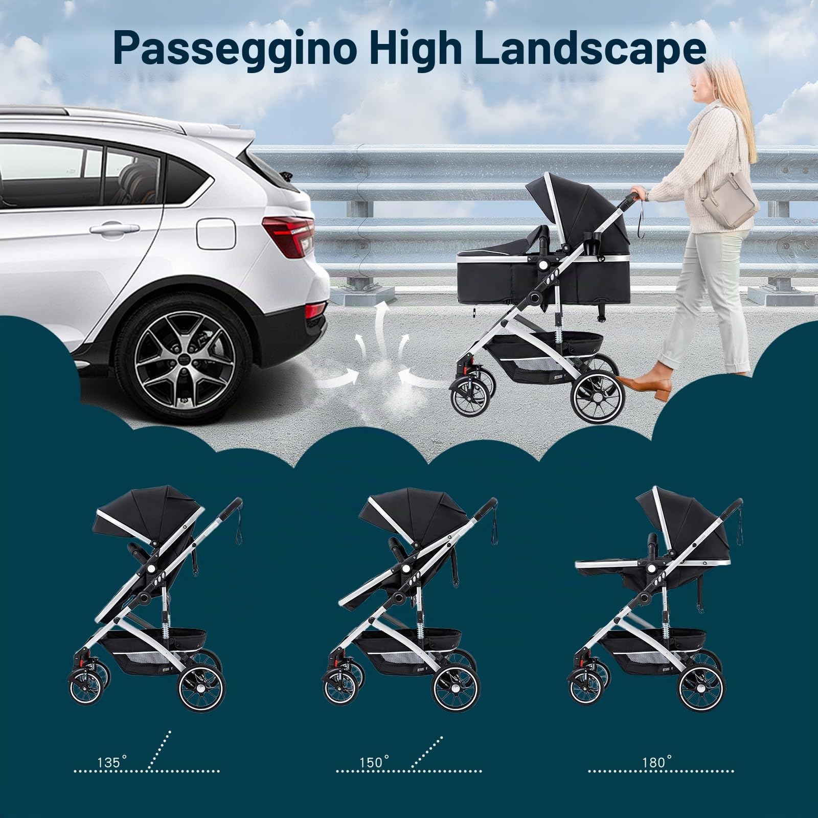 Passeggino 3 in 1, sistema da viaggio City Carrozzina, pieghevole con un clic, carrozzina e seggiolino auto con zanzariera, passeggino alto per neonati da 0 a 4 anni, grigio chiaro
