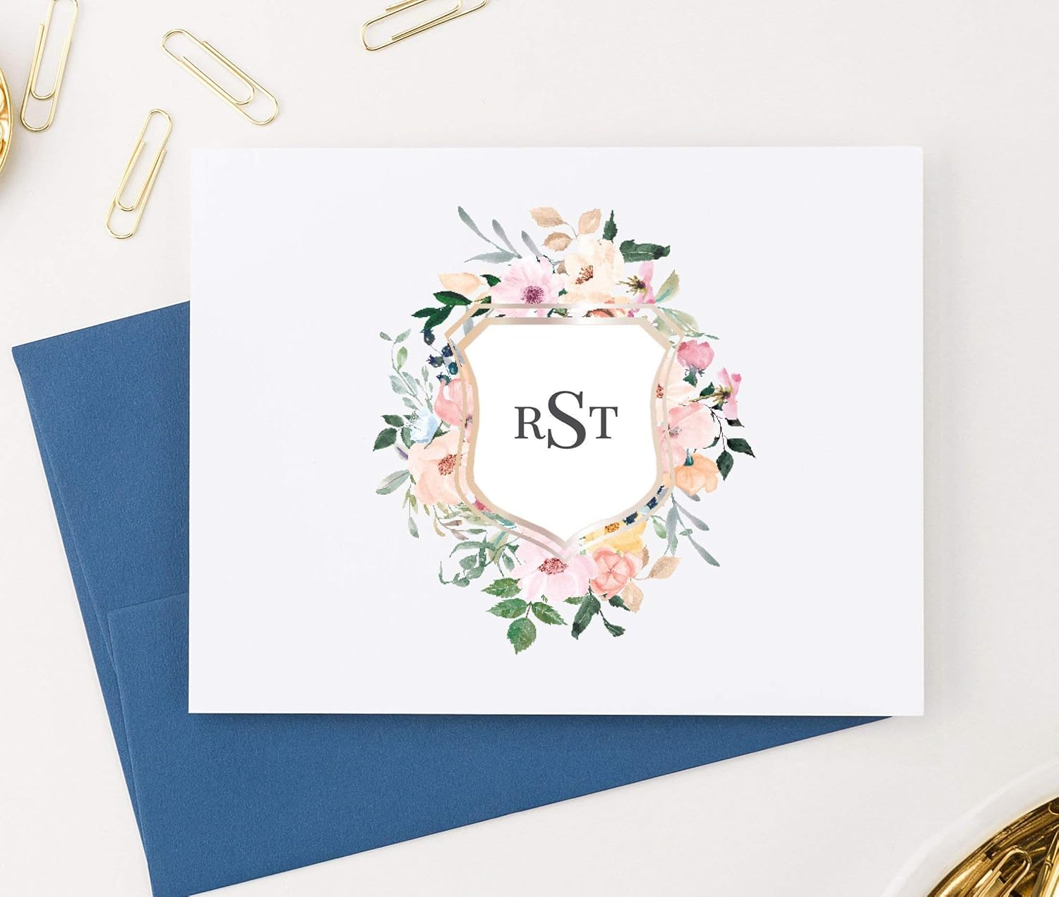 Floral Monogram Crest Stationery, Modern Floral Stationery Note Cards, Monogram Stationary for women, Your Choice of Colors and Quantity