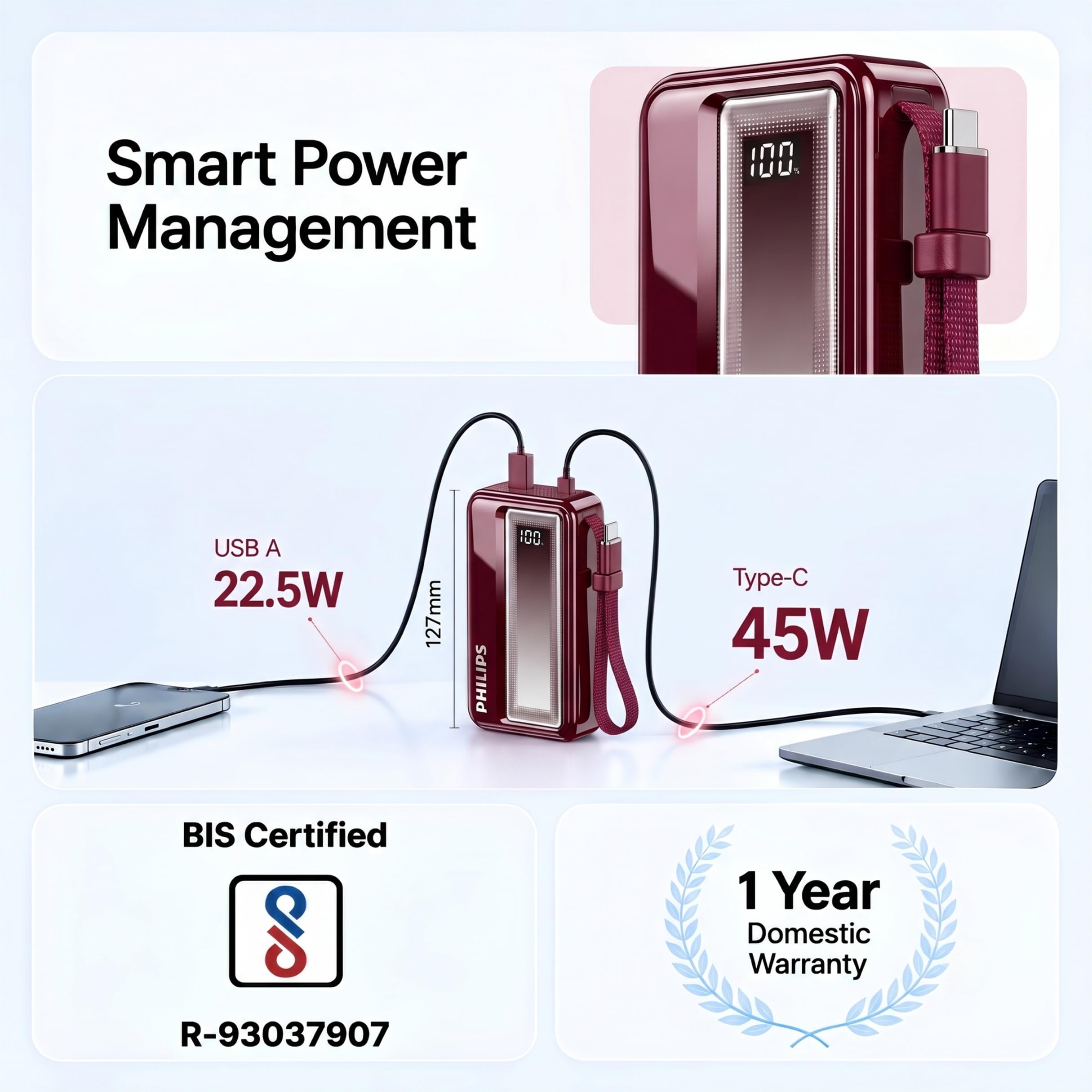 Philips DLP2721NR/94 20000mAh 45W Fast Charging Power Bank with Built-in Type-C Cable (Iron Red) | Digital LED Display | Lithium Polymer | 2 Type-C & USB-A | Pocket Size | Compact & Travel-Friendly — Amazon image 10