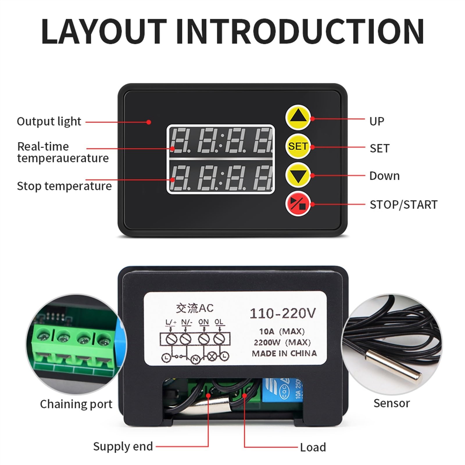 Regolatore di Temperatura Digitale con Display a LED, termostato, Controllo del Calore e Raffreddamento, termoregolatore AC110-220V sensore a sonda