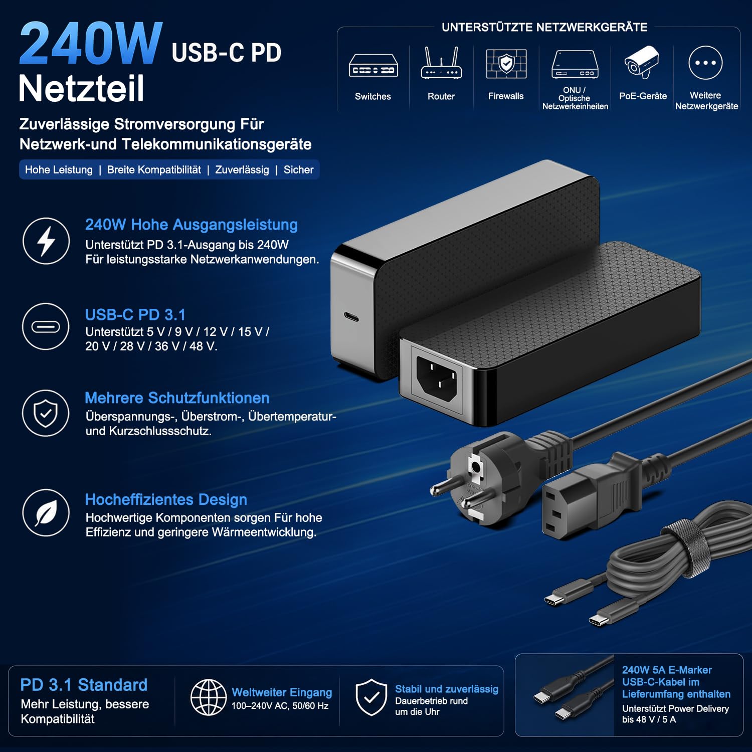 HKY Caricatore GaN ultra compatto da 48 V, 5 A, 240 W, 36 V, 5 A, 180 W, USB C, per computer portatile Framework 16 (2025), per NVIDIA DGX Spark, per Lenovo ADL180YGSHC3A ADL265YDC3A per Dell