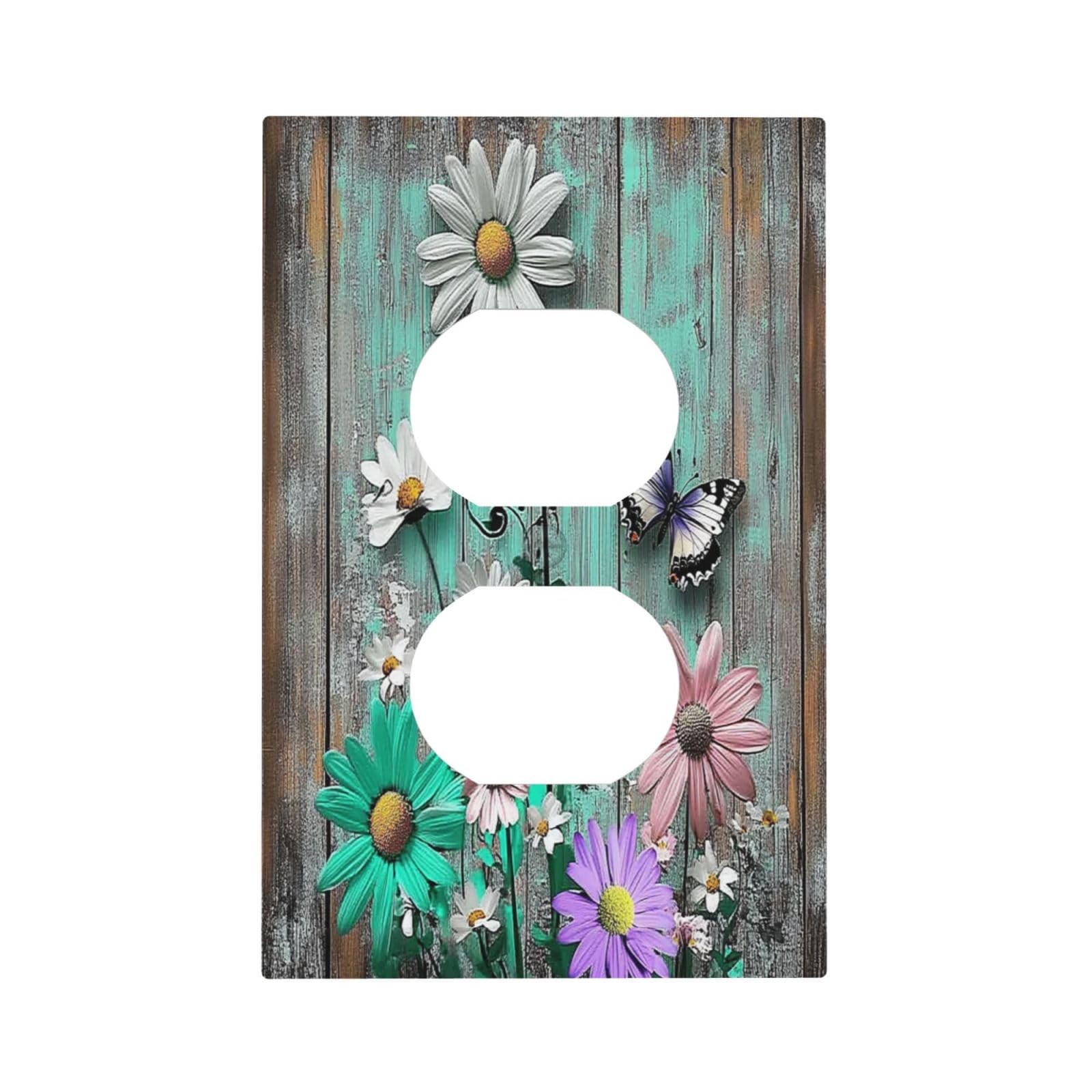 Nijuodnijir Outlet Covers Rustic Flower Daisy Butterfly Green Wood 1 Gang Duplex Light Switch Cover Decorative Switch Plates Electrical Receptacle