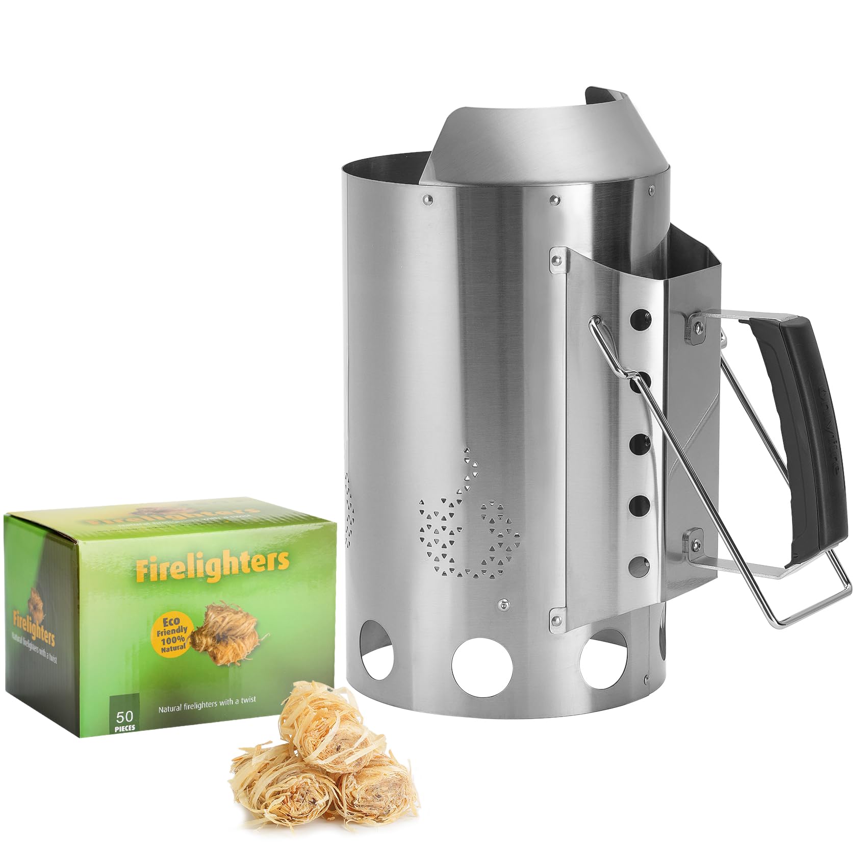 Onlyfire Kit Cheminée d'Allumage en Acier Inoxydable 430 avec 50 Allume-Feux Naturels - Démarreur de Charbon de Bois Robuste pour Barbecue, Grill et Fumoir - Résistant à la Rouille