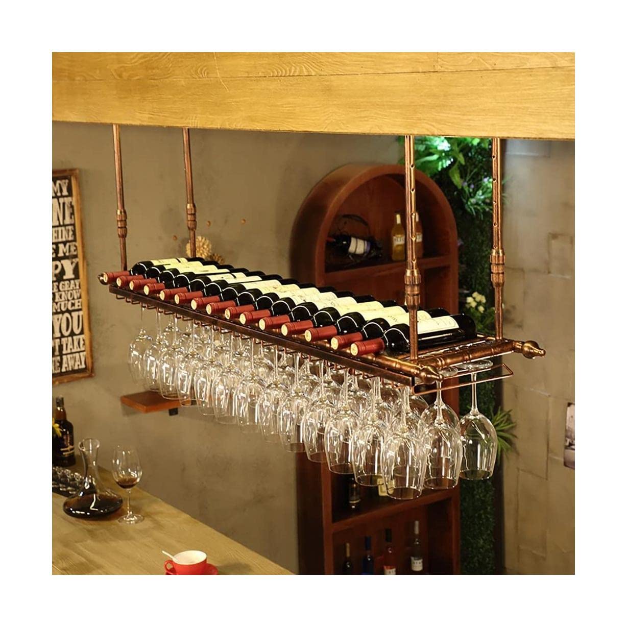 Casier à vin suspendu au plafond avec support pour verres à pied en métal