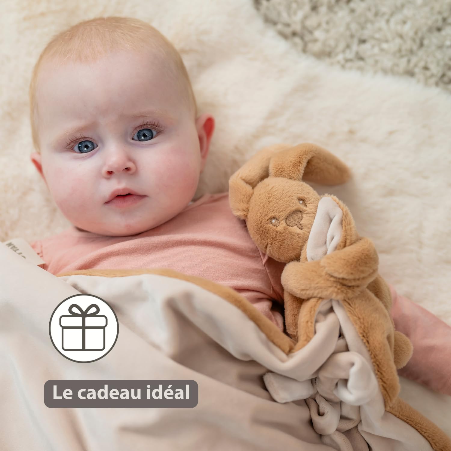 Nattou Lapidou Doudou Couverture 50 x 50cm - Couverture Bebe - Couverture Doudou Lapin - Cadeau Naissance Fille et garçon- Couleur Beige Chaud