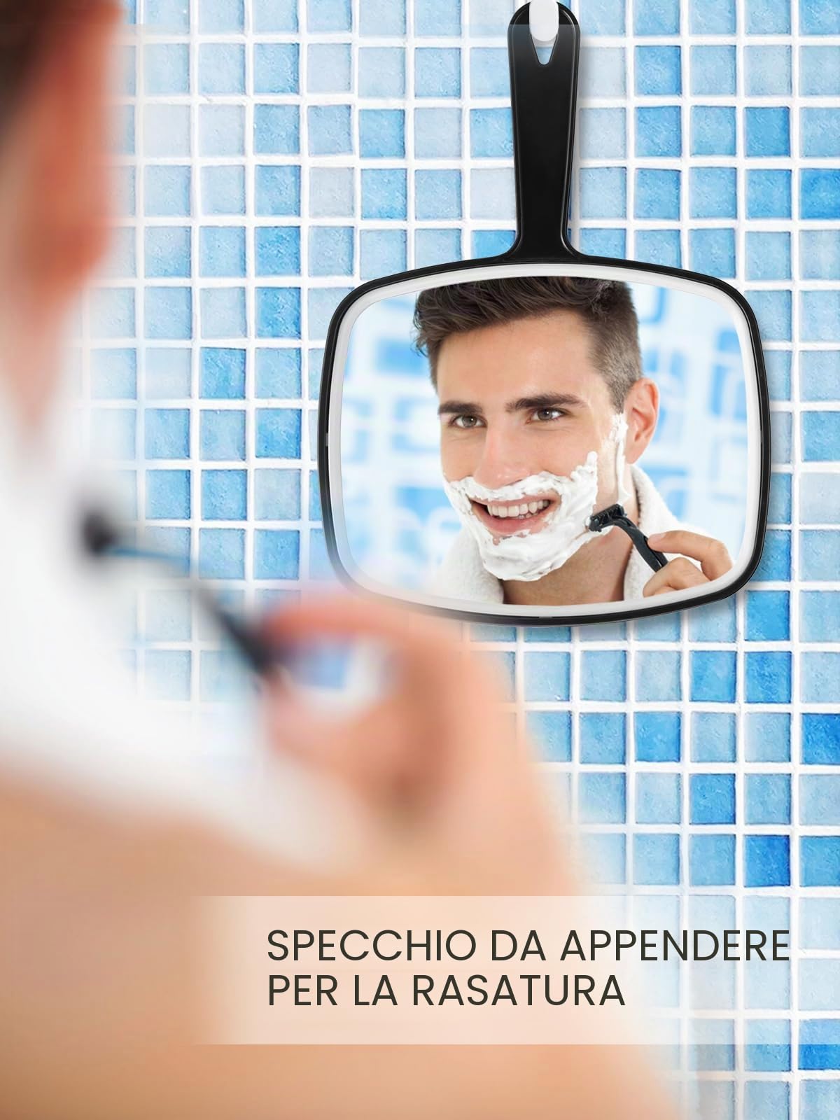 OMIRO Specchietto Mano con Maniglia, Quadrato, Nero, M