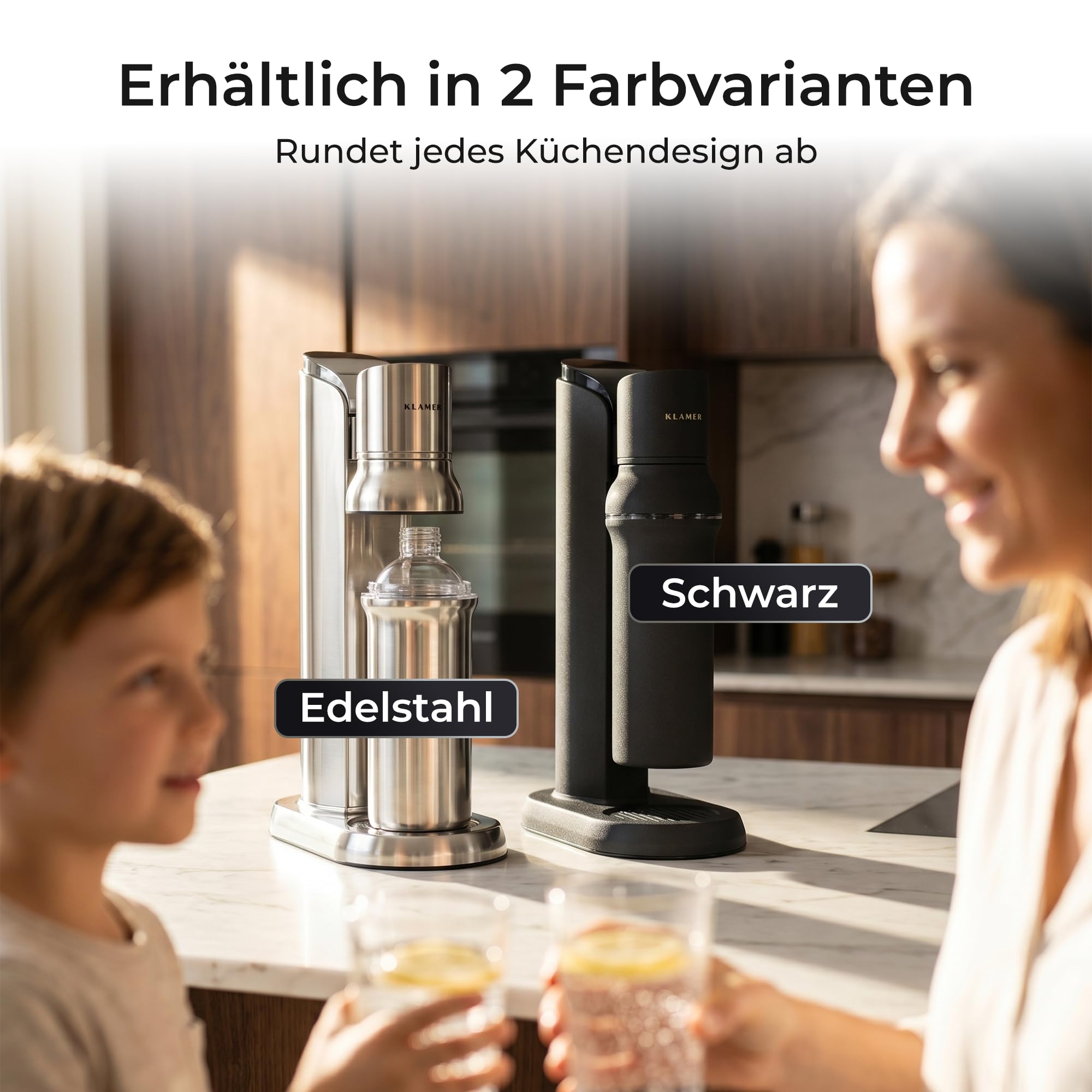 KLAMER Wassersprudler Edelstahl mit Glasflasche, 0,65 MPa Druck, One-Touch-Bedienung, Spülmaschinenfeste Glasflasche, Abtropfschale, Kompatibel mit Standard CO2 Zylinder 60mm