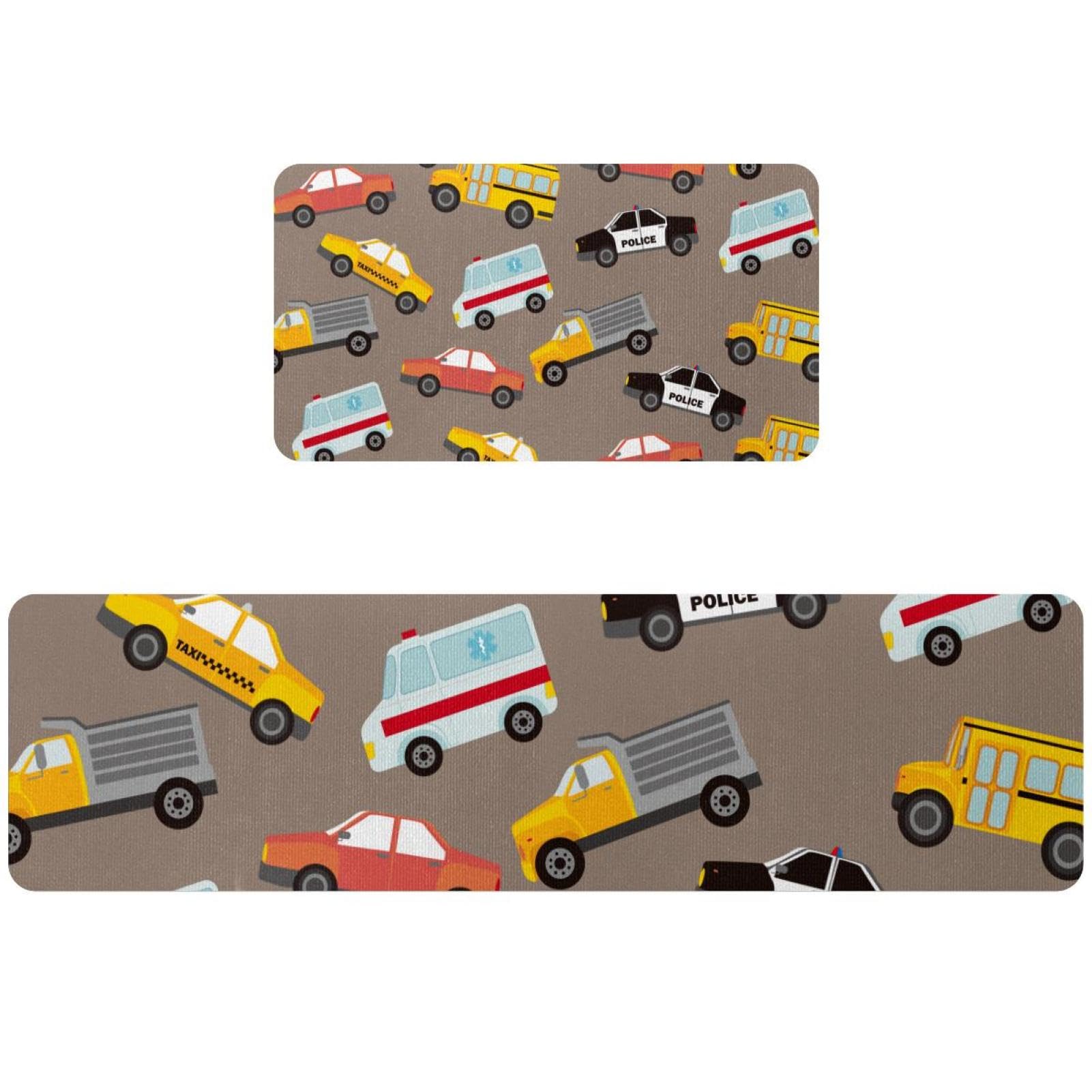 Tapis de cuisine antidérapant et lavable aux motifs de bus et voiture de police en lot de 2