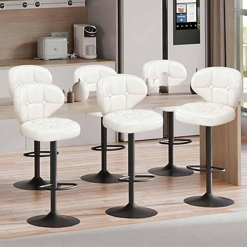 Miniatura 15 de Juego de 2 taburetes de bar, sillas de bar giratorias ajustables con respaldo y reposapiés, modernos taburetes tapizados de piel sintética para isla