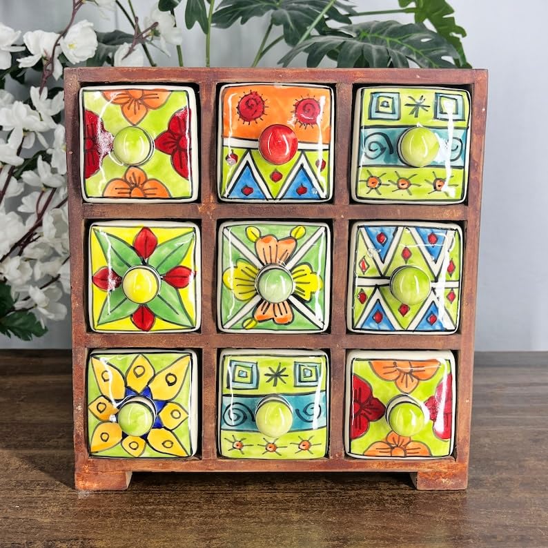 DIWAM HANDICRAFTS Wooden Hand Painted Mini Chest of 9 Drawers - Ceramic Spice Drawer Jewelry Organizer, Red Floral Design Showpiece (25x12x25 cm) (BROWN)-image-30