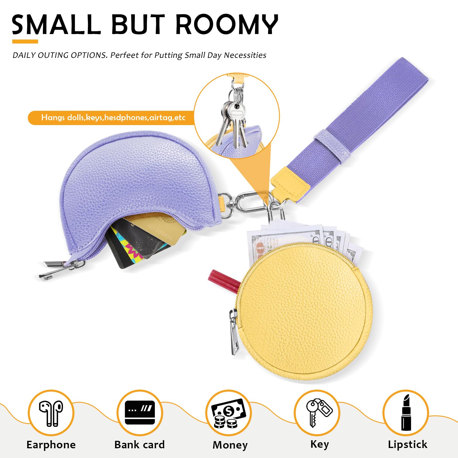 LarKoo Dual Pouch Wristlet Keychain Wallet Double keychain wallets Mini Pouch Coin Purse Women Coin Detachable Wrist Zip Bag (Yellow&Purple)