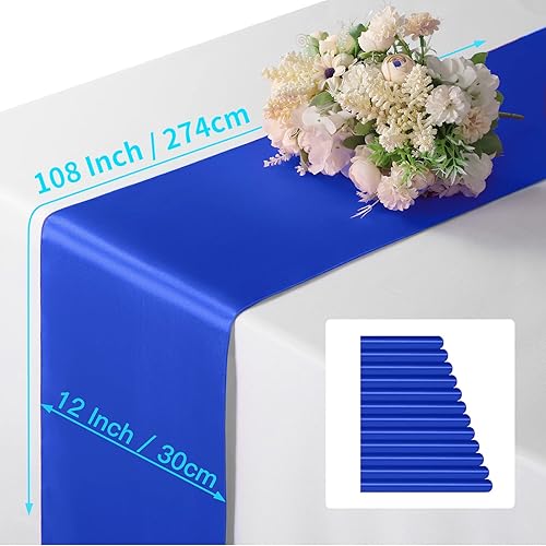 Miniatura 4 de Manyshofu - Juego de 4 caminos de mesa de satén azul real de 12 x 108 pulgadas de largo, camino de mesa para fiesta, decoración brillante y suave,