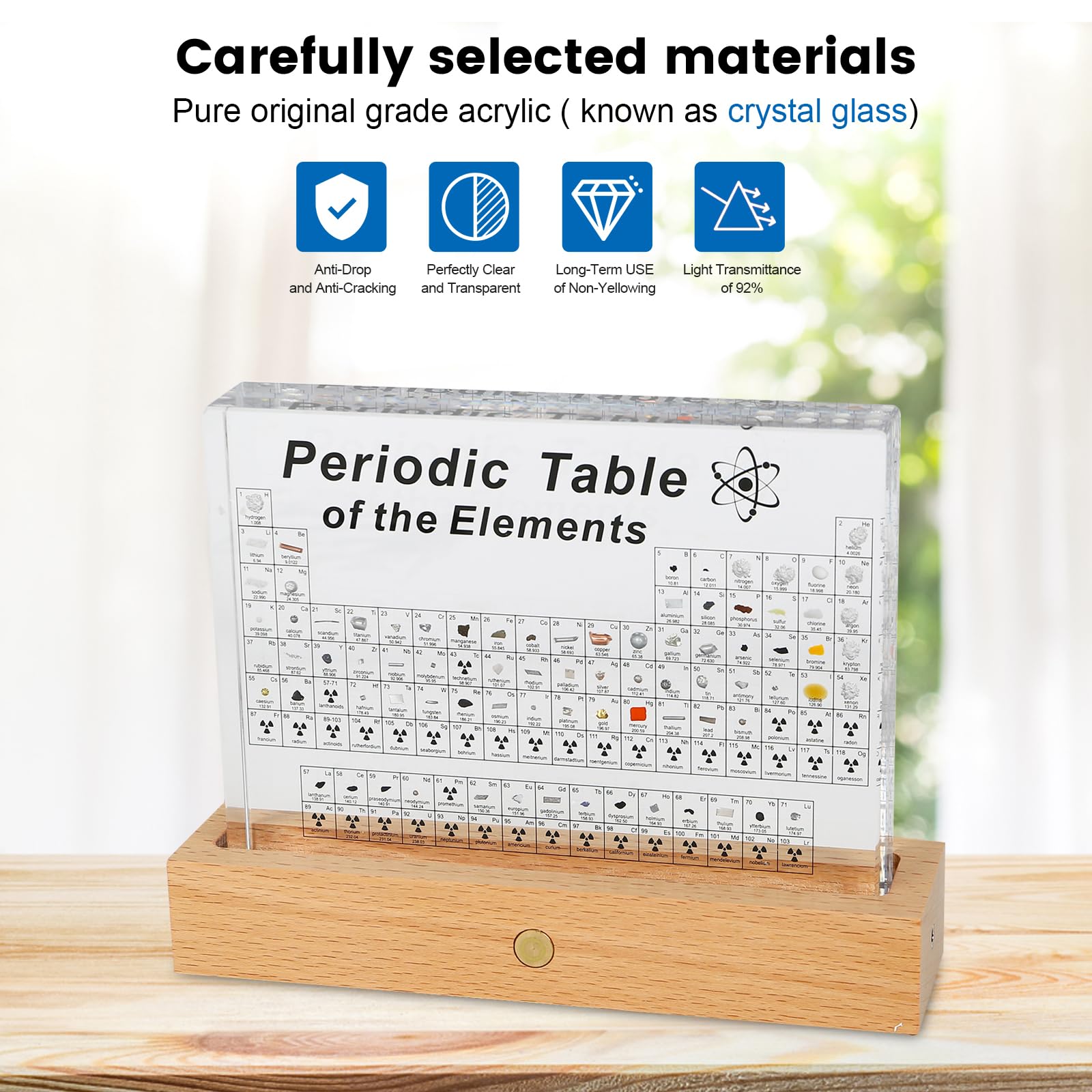 Btstil Tabla periódica con elementos reales, tabla periódica de acrílico de 83 elementos, muestra tabla periódica, regalo para estudiantes, profesores, estudiantes, manualidades, decoración (grande A)