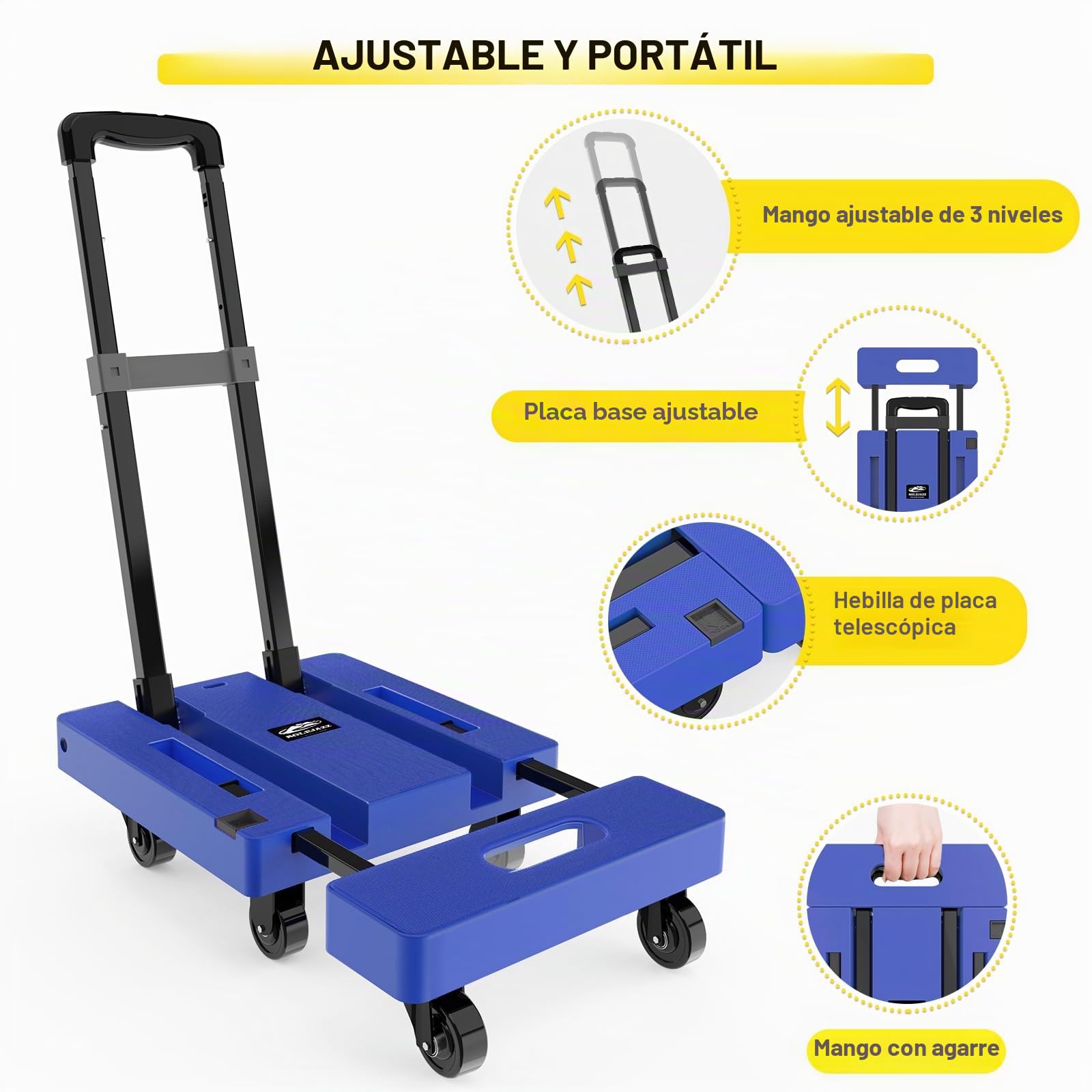 SOLEJAZZ Carro Plegable portátil, camión de Mano Plegable para moverse, Carrito de Equipaje de 500 Libras con 6 Ruedas y 2 Cuerdas elásticas para Equipaje, Viajes, mudanza, Uso de Oficina, Azul