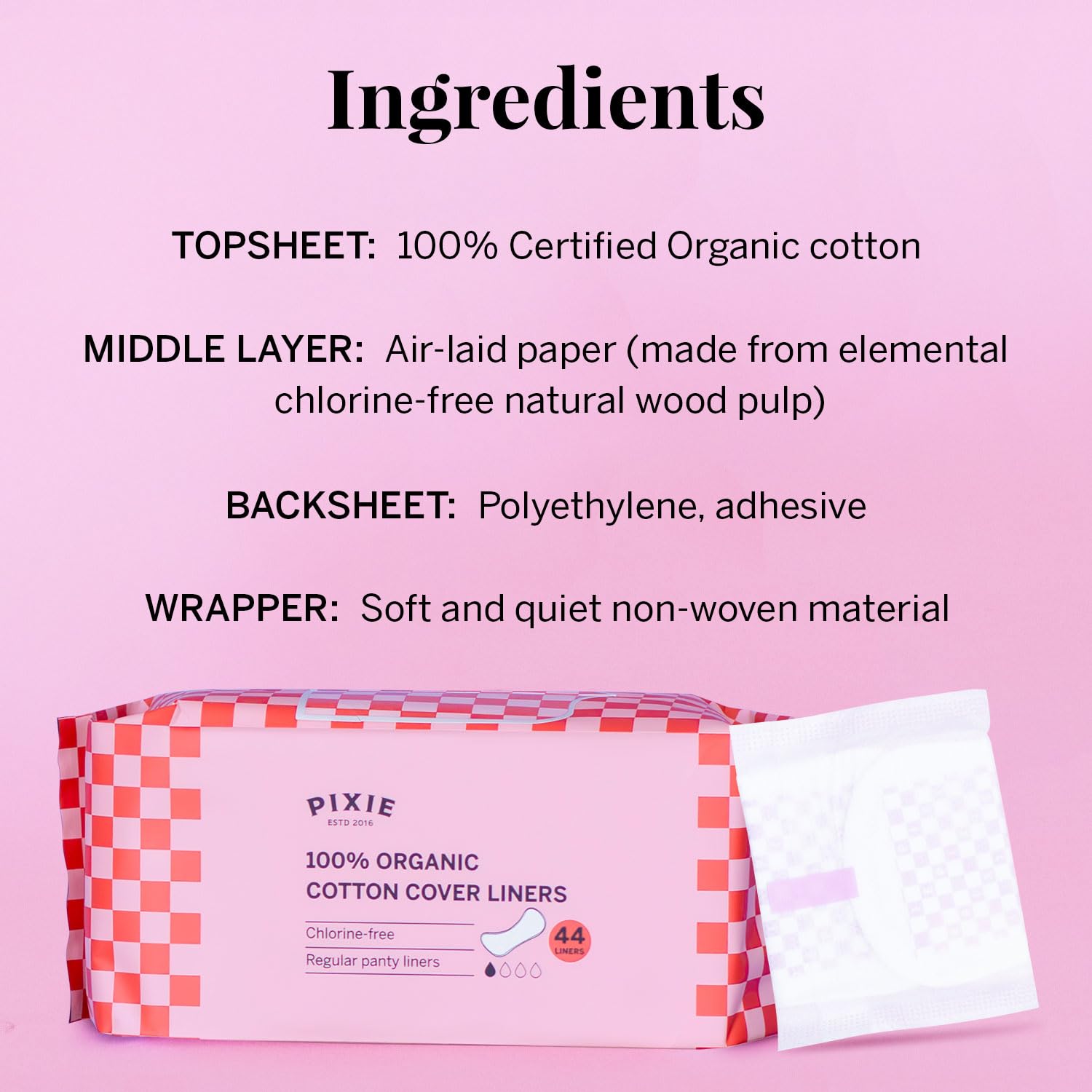 Pixie Organic Cotton Panty Liners for Women - Regular Wrapped Pantiliners - Light Absorbency & Ultra-Thin - Leak-Proof, Hypoallergenic & Unscented for Feminine Care - Compostable - 44 Count