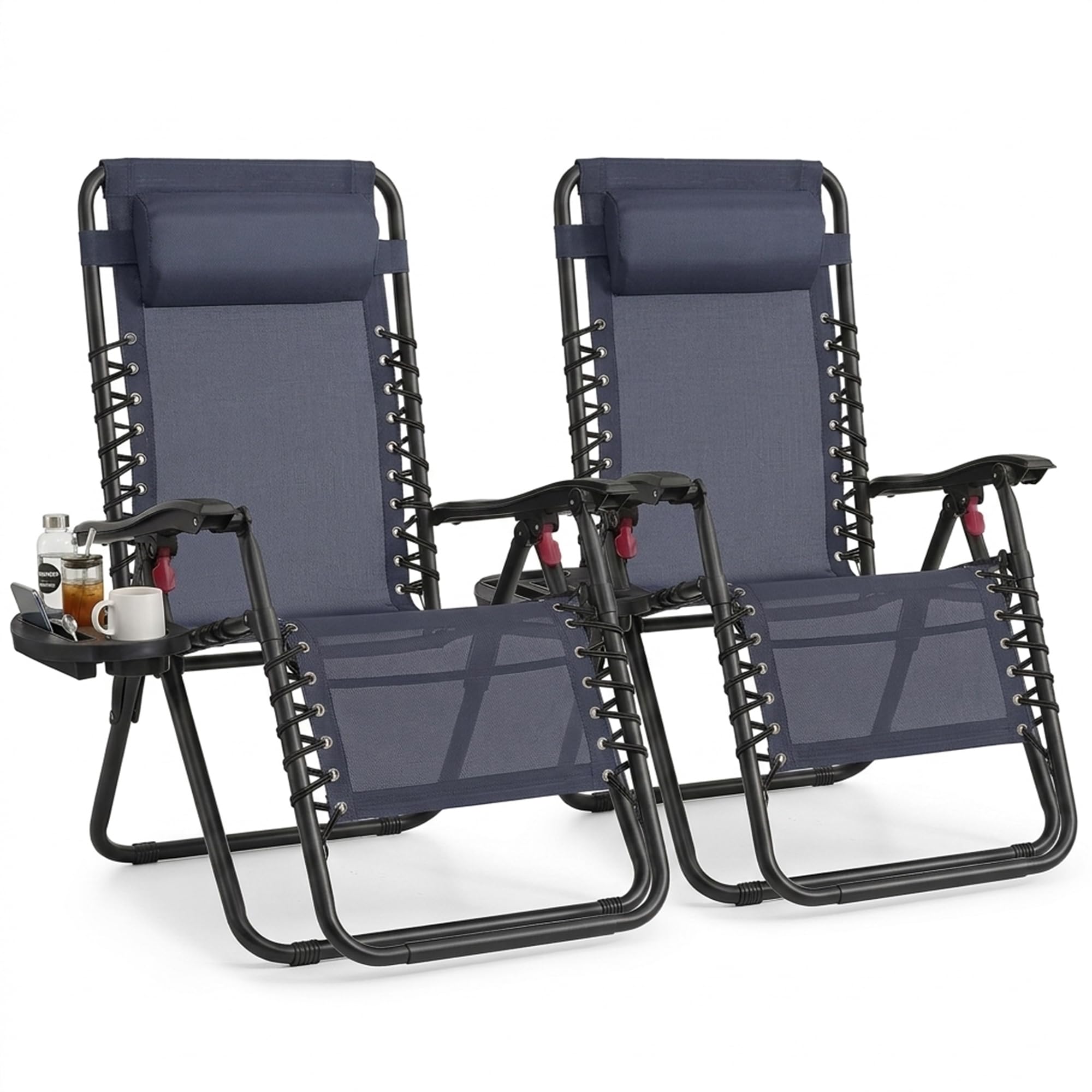 SONGMICS Set of 2 Zero Gravity Reclining Chairs, Folding Sun Loungers with Tray, Adjustable Headrest, Max. Load 110 kg Each, for Patio, Garden, Dark Blue GLB032QZ02