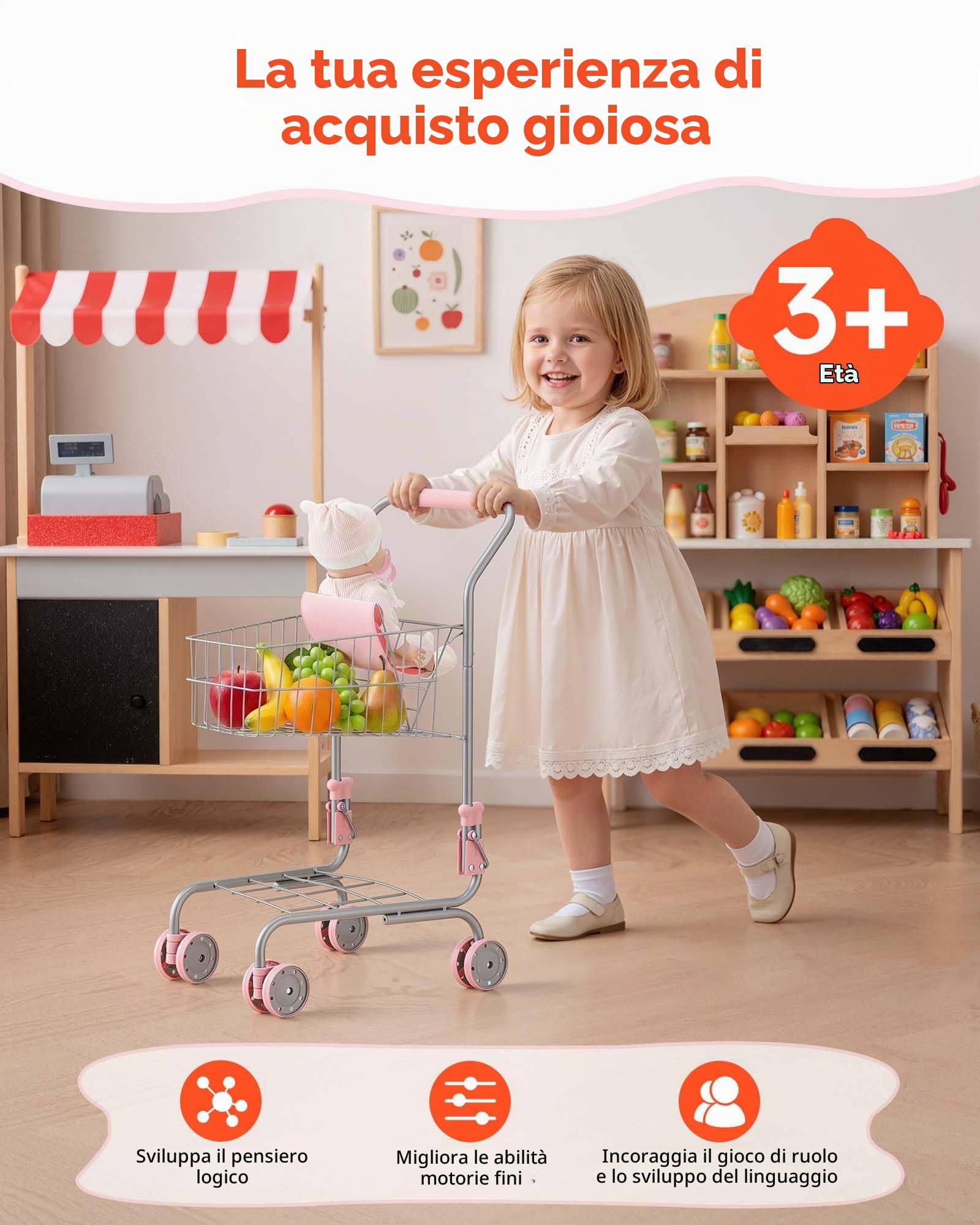 VEVOR Carrello della Spesa Giocattolo per Bambini dai 3 Anni, Carrello Supermercato Giocattolo, Telaio Robusto in Metallo, Sedile per Bambole, Ruote Scorrevoli, Cestino a Rete, Gioco di Ruolo Negozio