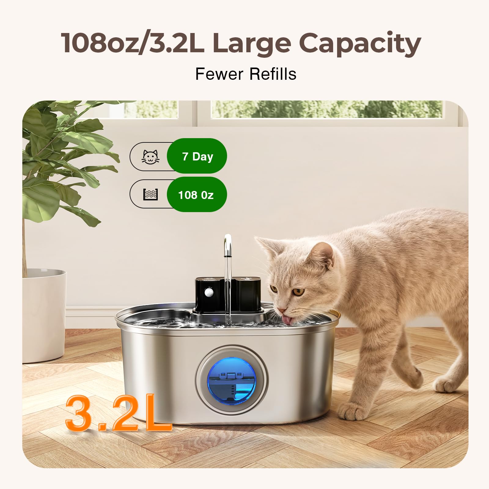 PEKTACO Fuente de agua inalámbrica para gatos, 3,2 L, acero inoxidable, 1