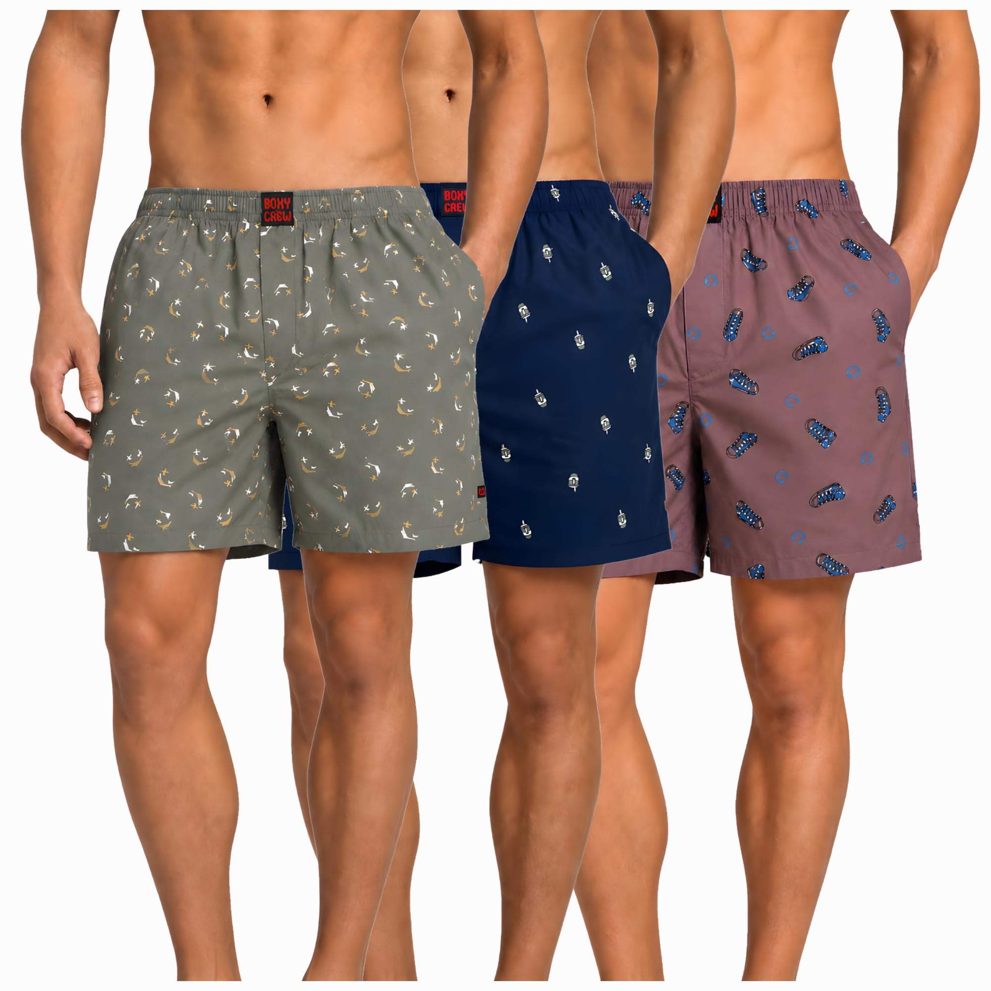 Men's 100% Cotton Boxer Shorts Pack of 3, Green, Navy Blue & Mauve | Woven Boxers with Side Pockets, No-Marks Elastic Waistband, Breathable Relaxed Fit | Style 008-011-015-image-41