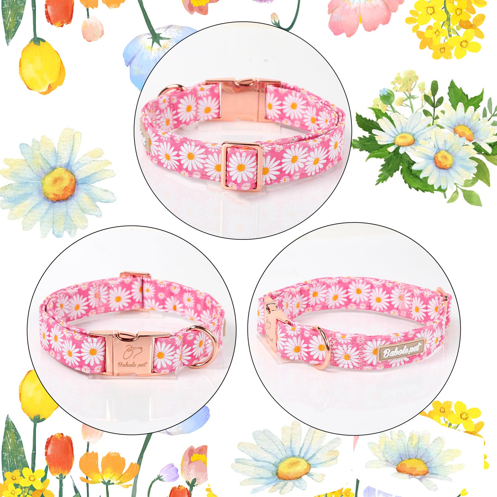 Hundehalsband, Sommer, rosa Gänseblümchen, mit Sicherheits-Metallschnalle, verstellbar, Welpenhalsbänder für kleine, mittelgroße und große Hunde, Jungen und Mädchen, Hundehalsband, Geschenk, Halsband,