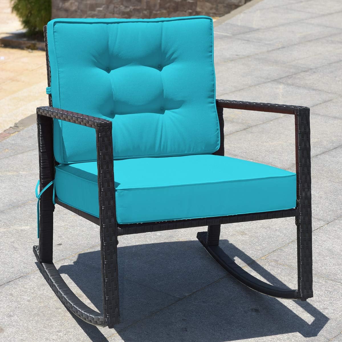 RELAX4LIFE Wicker Outdoor Rocking Chairs - 2-Piece Rattan Rocker Patio Chairs w/Steel Frame Removable Cushions & Armrest, Rocker Chairs Outdoor Furniture for Backyard Porch Poolside (2, Turquoise)